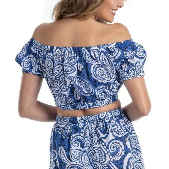 Dotti Women's Cotton Off-The-Shoulder Cover-Up Cropped Top White/blue L - Picture 2 of 2